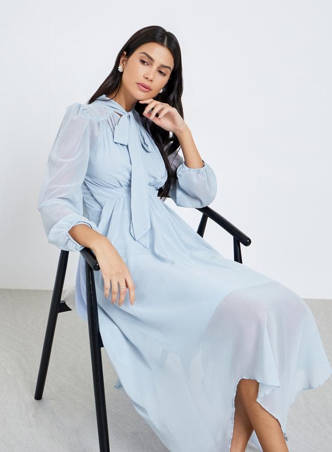 Styli Blue Balloon Sleeve Tie-Up Neck Midi Dress - Image 1