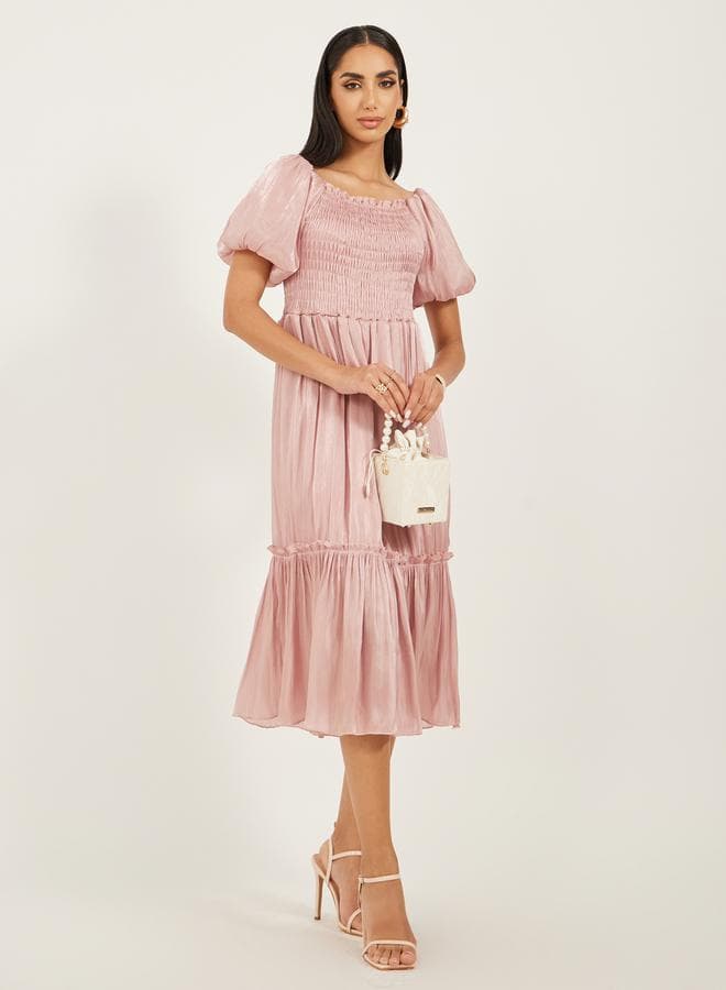 Blush Satin Smocked Midi Dress with Puff Sleeves - Image 1