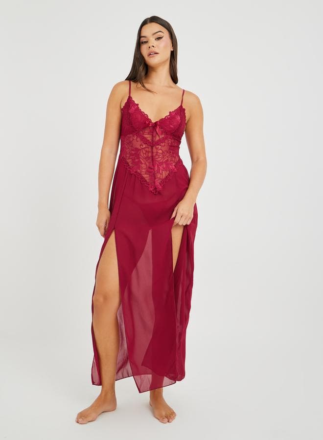 Lace Detail Double Slit Mesh Slip Dress with Briefs - Image 1