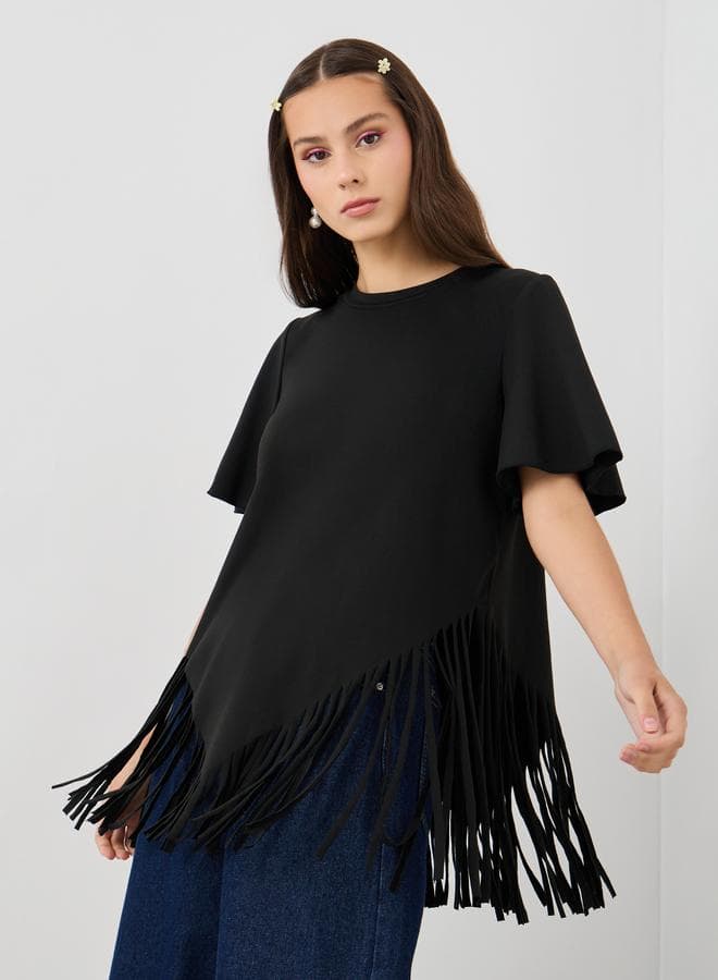 Solid Tassel Hem Round Neck Blouse - Image 1