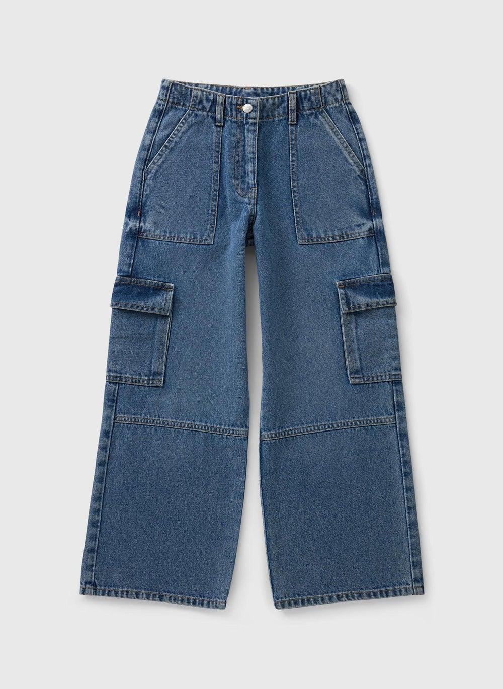 Girls Blue Mid Wash Cargo Jeans - Image 1