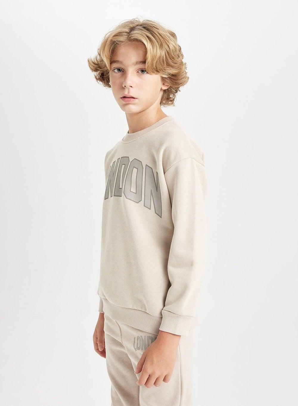 Beige Oversized Crew Neck Thick School Sweatshirt - Image 1