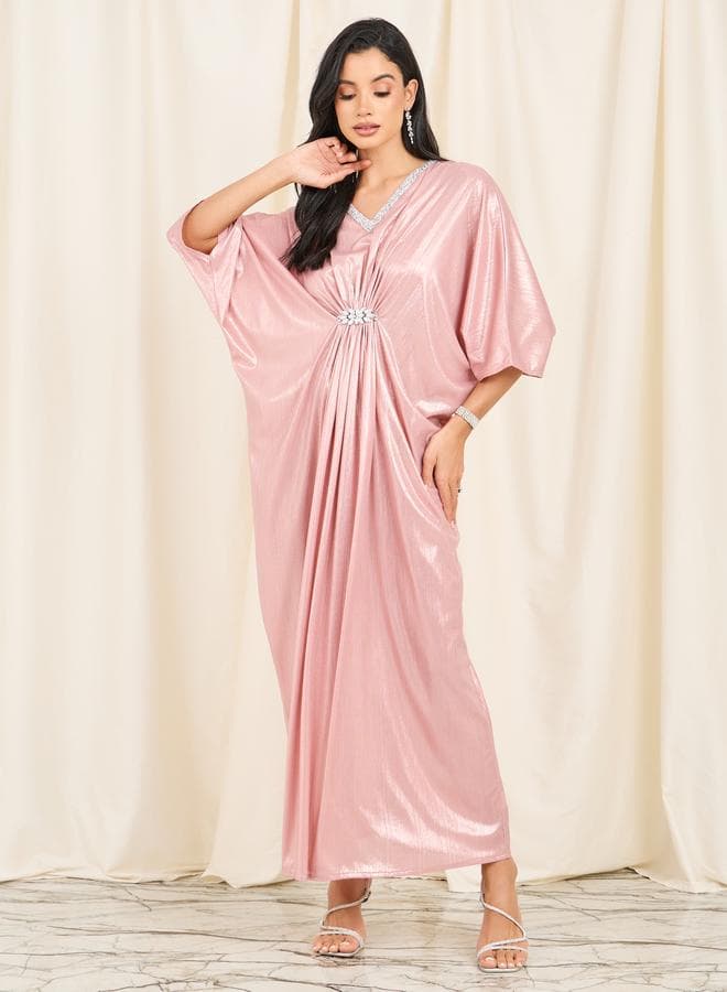 Shimmering Pink Kaftan Maxi Dress with Brooch Detail - Image 1