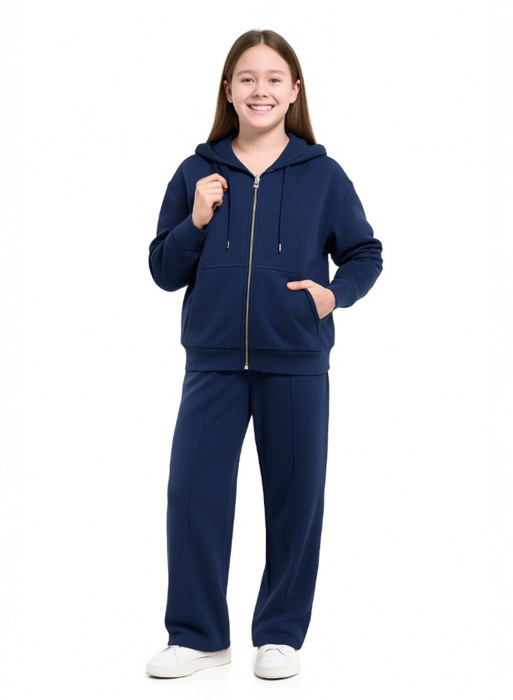 Girls Navy Zip-Up Hoodie & Wide-Leg Trousers Set - Image 1