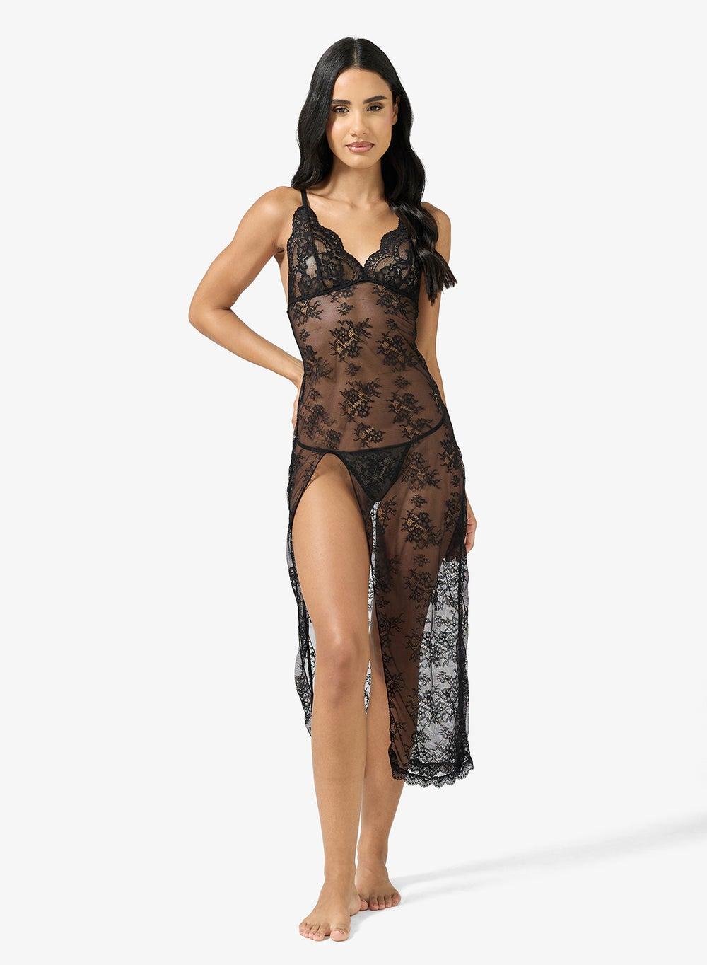Elegant Lace Night Dress with Side Slit - Image 1