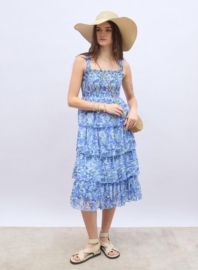 Abstract Print Smocked Tiered Midi Dress - Image 1