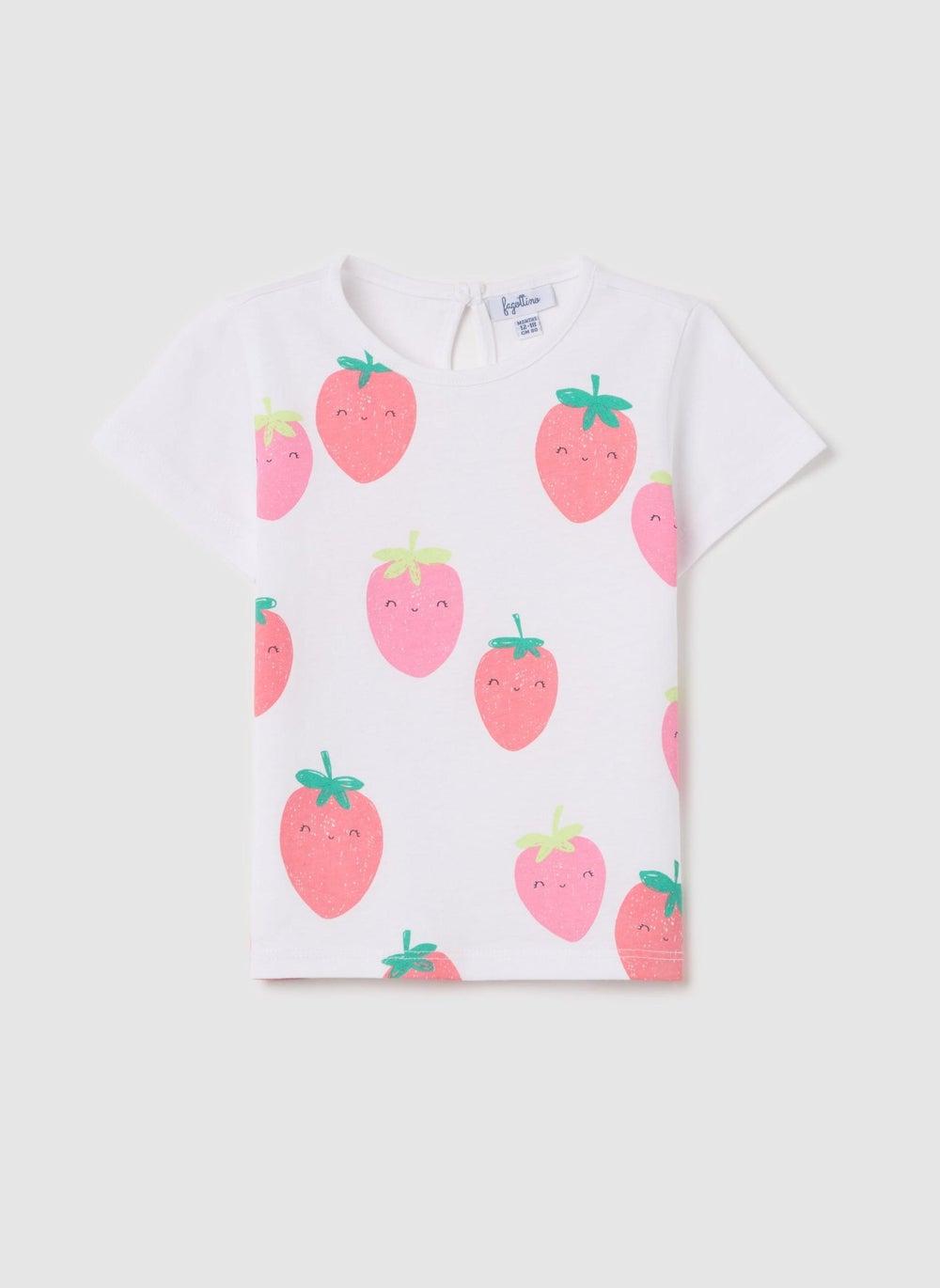 Baby Girls Cotton Strawberry Print T-Shirt with Keyhole Back - Image 1