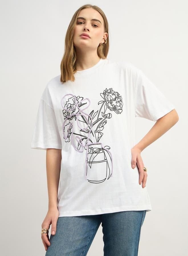 Oversized Graphic Print Round Neck T-Shirt - Image 1