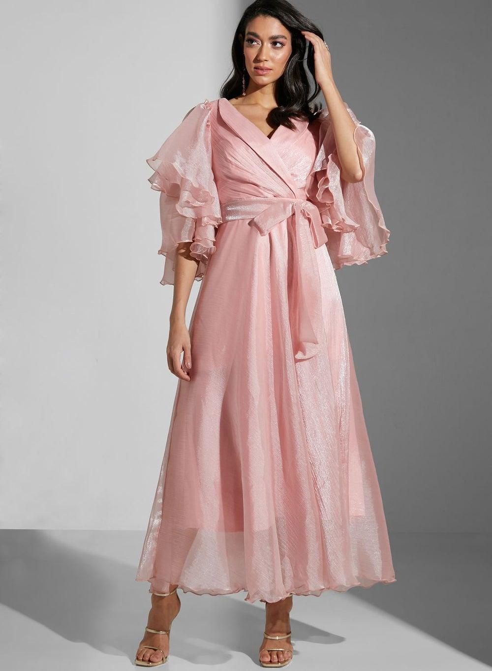Pink Ruffled Overlay Maxi Dress with Wrap Waist - Image 1