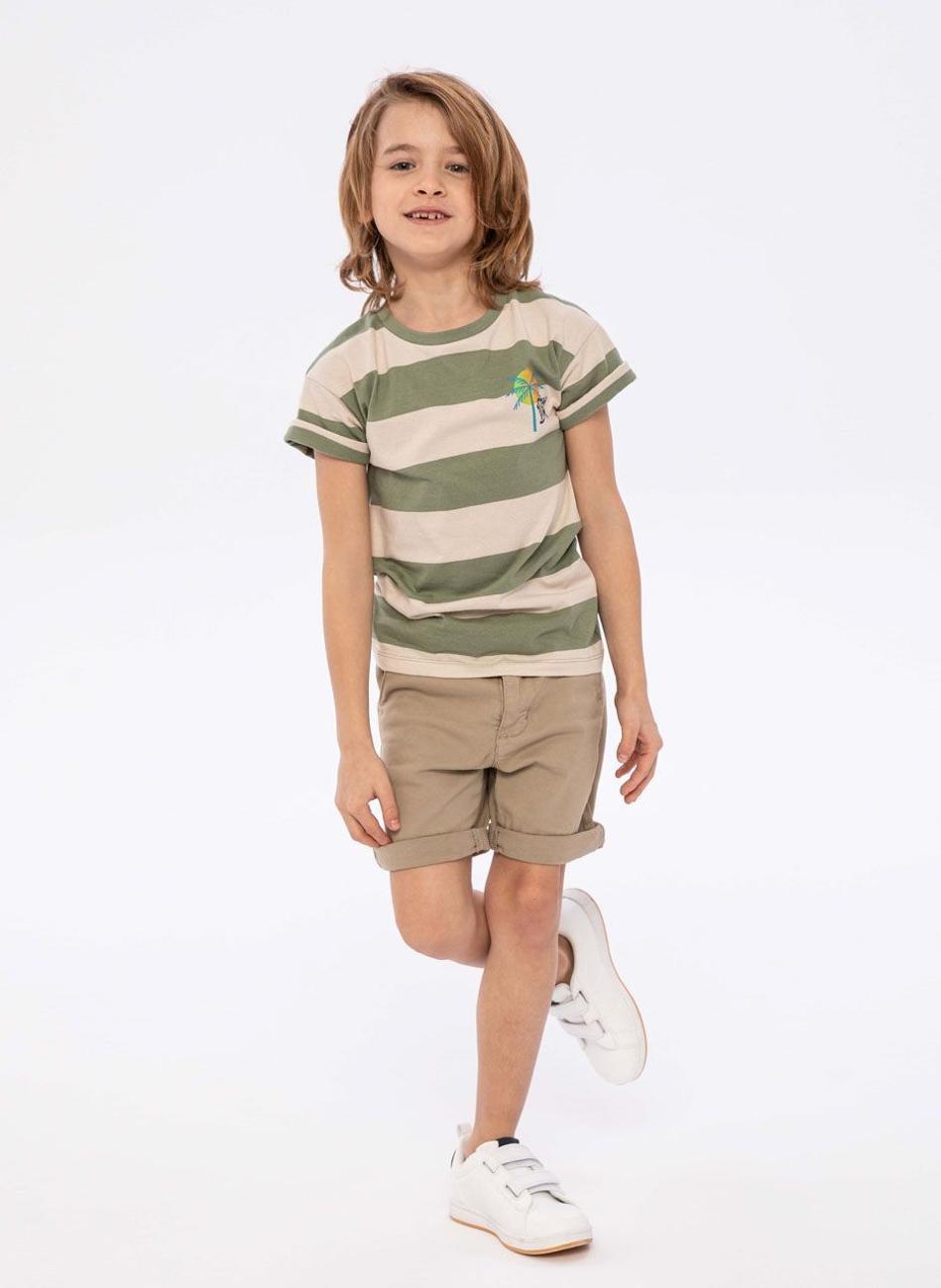 Boys Olive Tropical Print Striped T-Shirt - Image 1