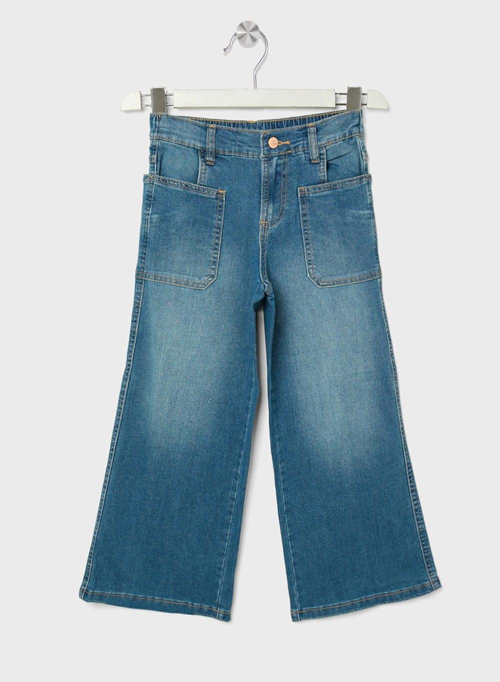 Girls Wide-Leg Denim Jeans Dark Wash Distressed - Image 1