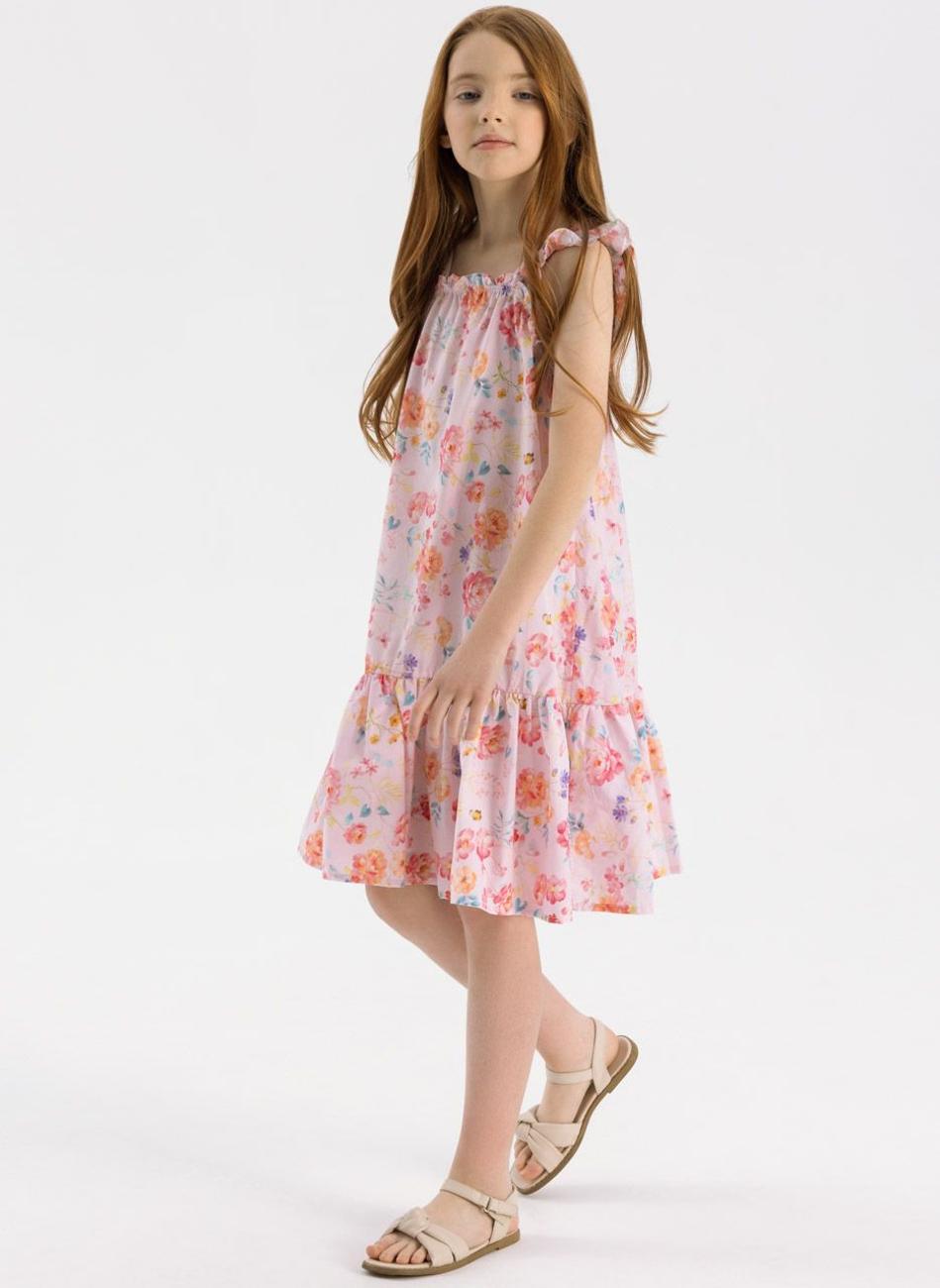 Girls Pink Tiered Dress with Ruffle Straps - Image 1
