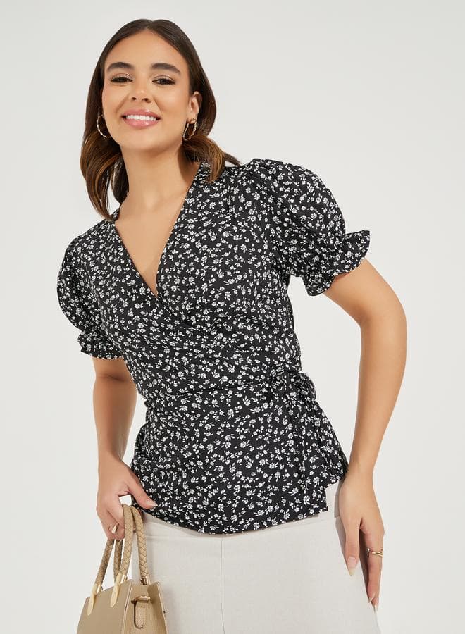 Styli Printed Wrap Top with Elegant Puff Sleeves - Image 1