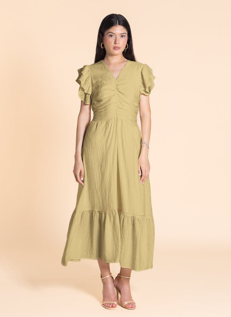 Light Yellow Ruffled Sleeve Midi Dress - Image 1