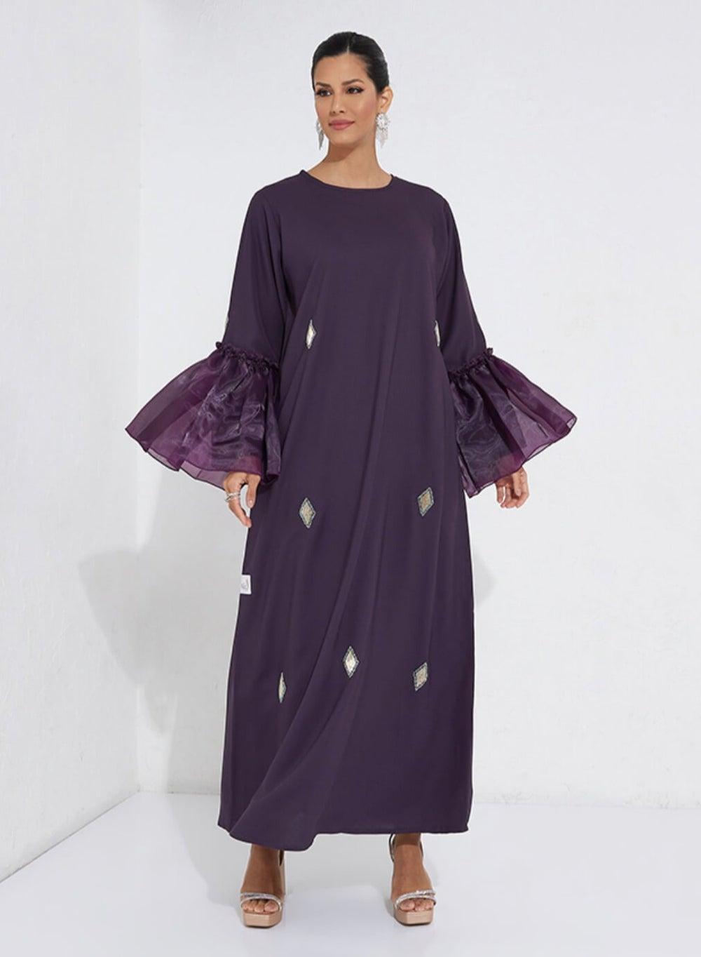 Embroidered Abaya with Sheer Organza Statement Sleeves - Image 1