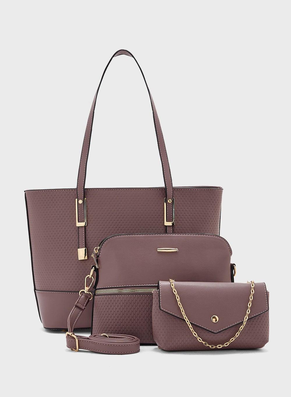 3-in-1 Textured Weave Tote with Crossbody & Wallet - Image 1