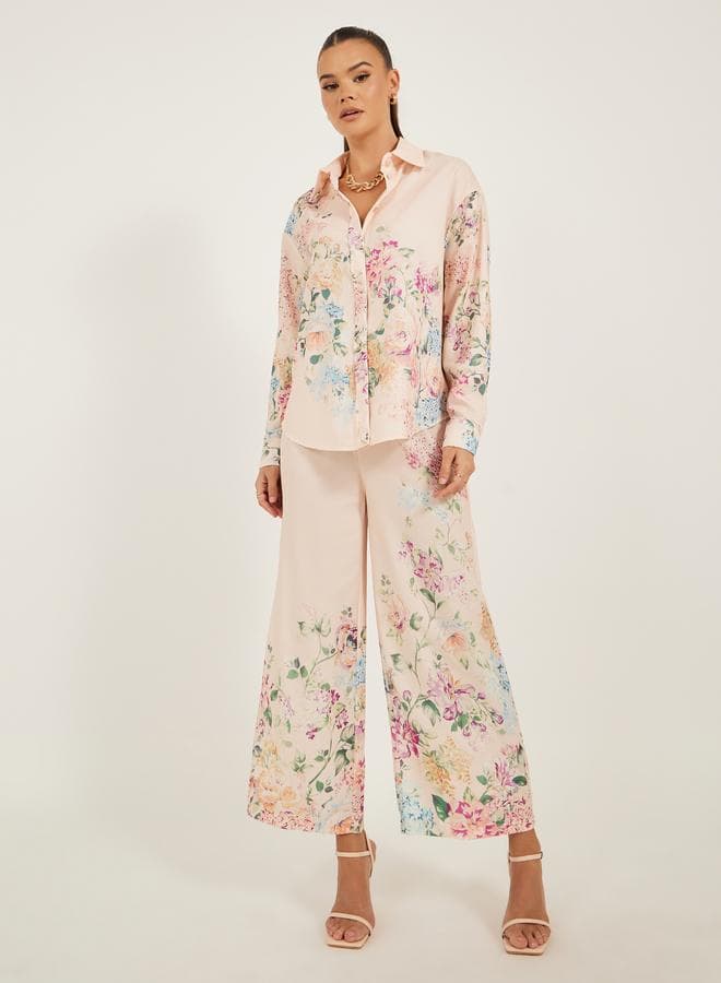 Styli Floral Wide Leg Pants with Adjustable Drawstring - Image 1