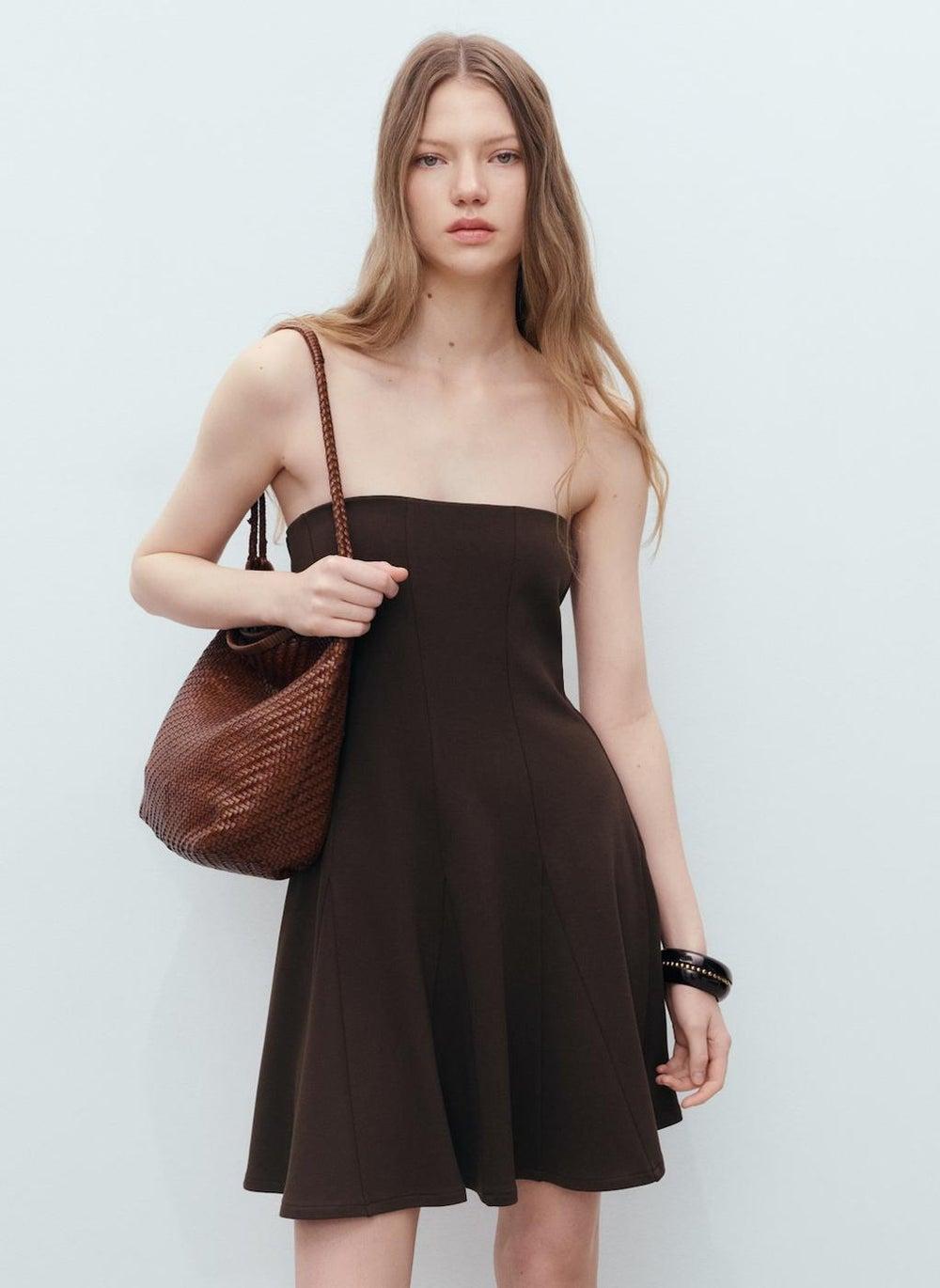 Dark Brown Strapless Fit-and-Flare Mini Dress - Image 1