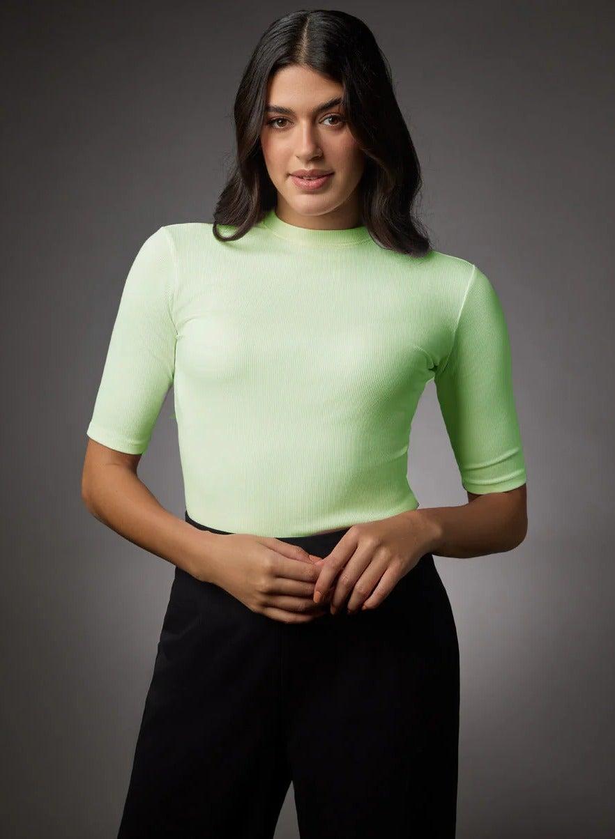 Electric Green High Neck Ribbed Short Sleeve Top - Image 1