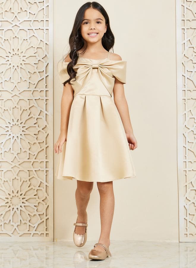 Cold Shoulder Bow Satin A-Line Dress - Image 1