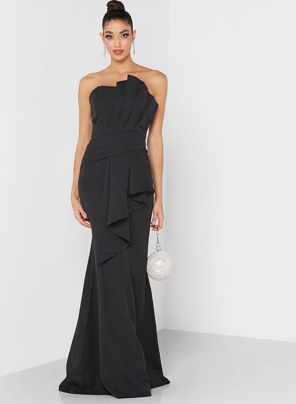 Black Strapless Evening Dress with Asymmetrical Ruffle - Image 1