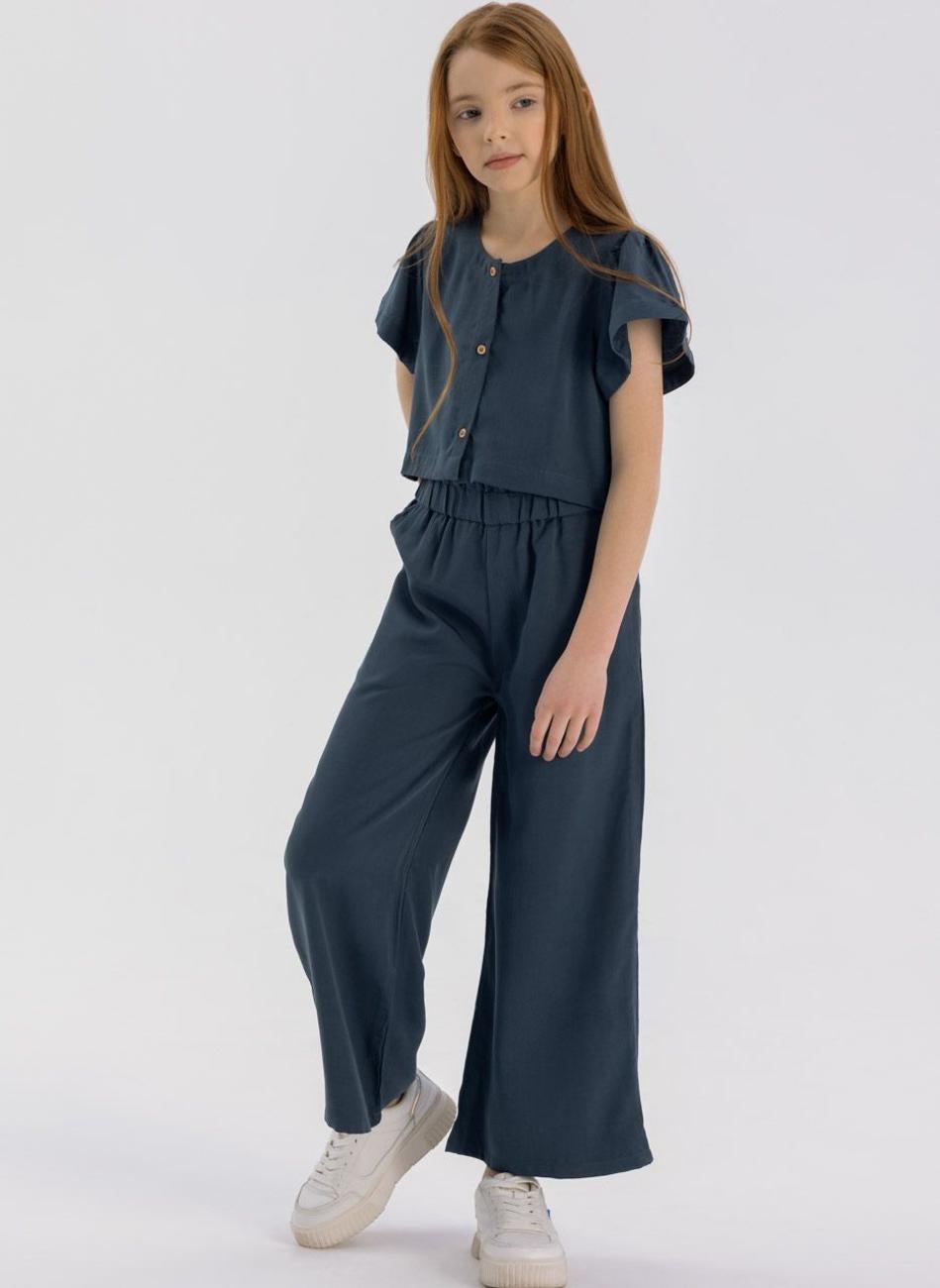 Girls Blue Frill Sleeve Blouse & Wide Leg Set - Image 1