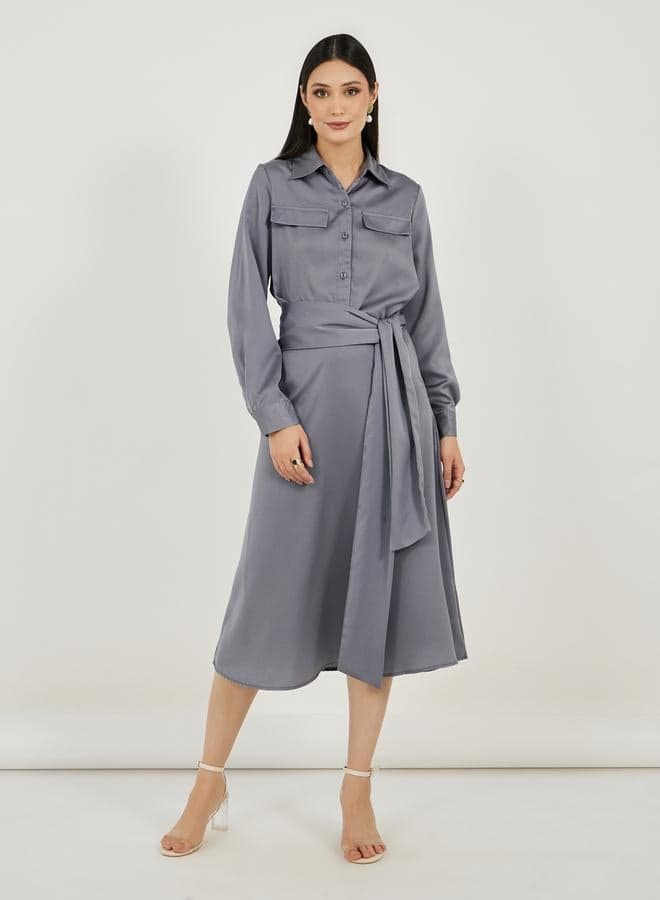Grey Belted Midi Shirt Dress with Flowing Skirt - Image 1