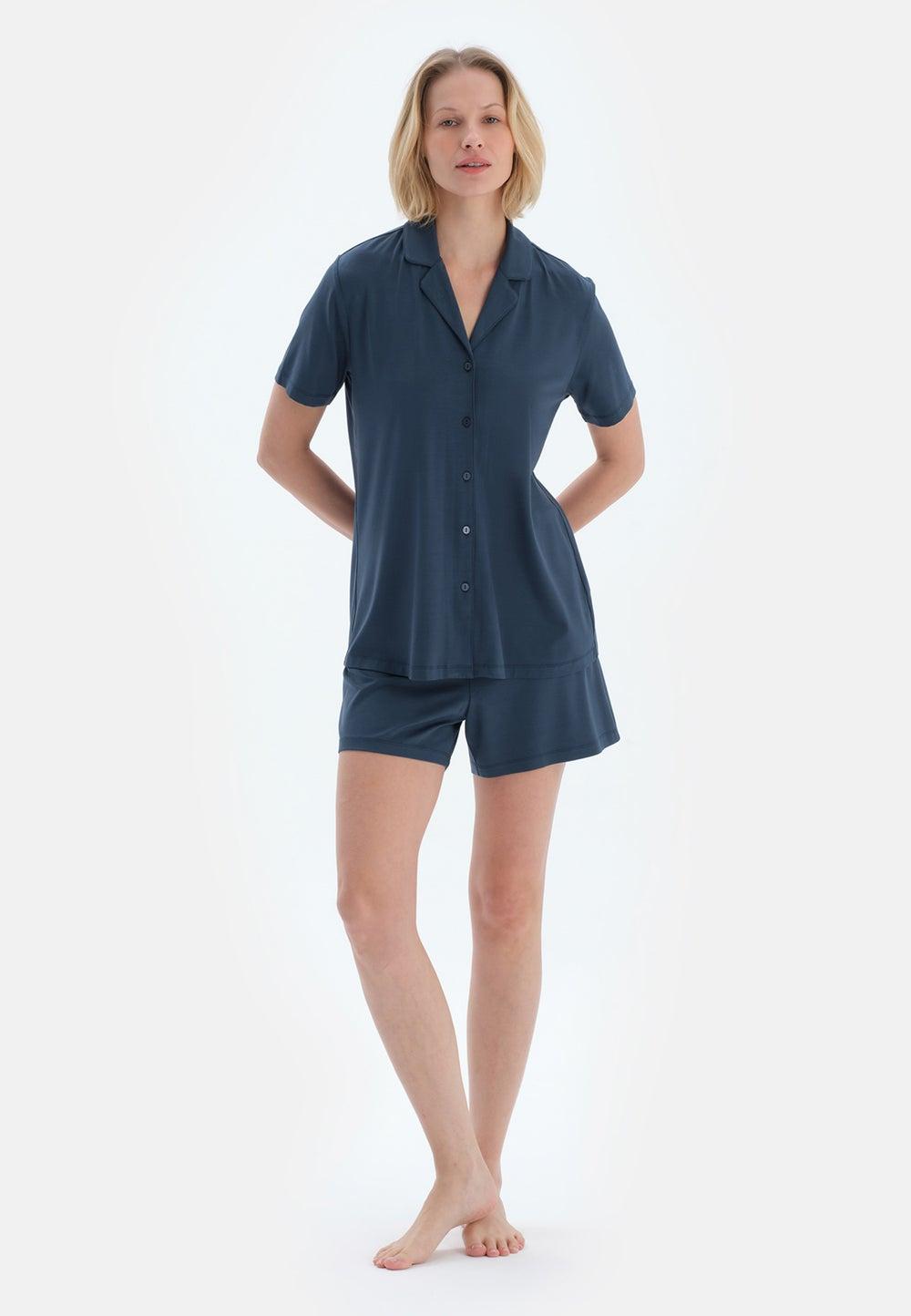 Classic Fit Viscose Blend Pajama Set Navy Spread Collar - Image 1