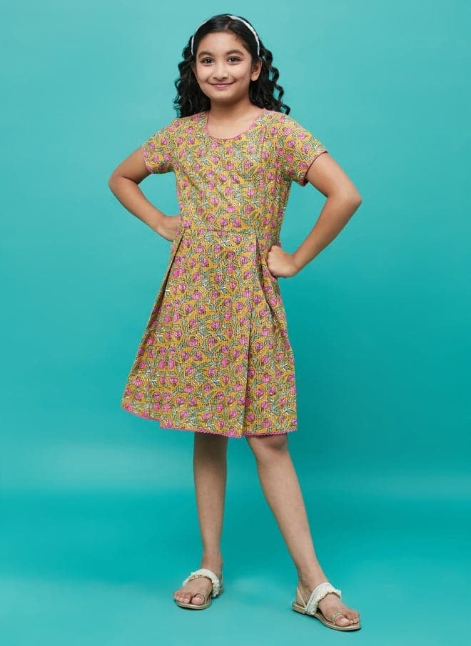 Mustard Floral A-Line Girls Dress - Image 1