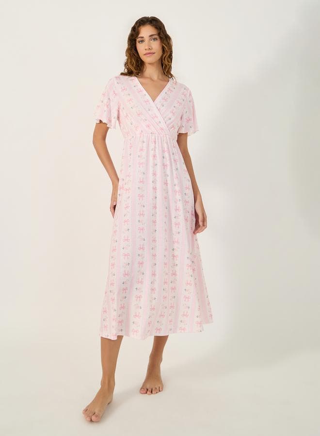 All-Over Bow Print V-Neck Wrap Nightdress - Image 1
