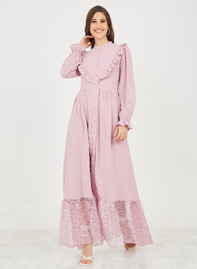 Styli Dobby Frill Lace Hem Maxi Shift Dress - Image 1