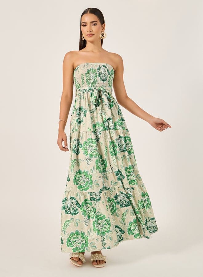 Cream Floral Strapless Smocked Maxi Dress - Image 1