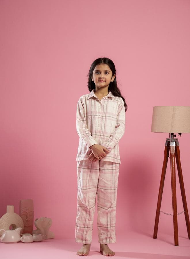 sanskrutihomes Girls Pink Checked Cotton Nightwear Set - Image 1