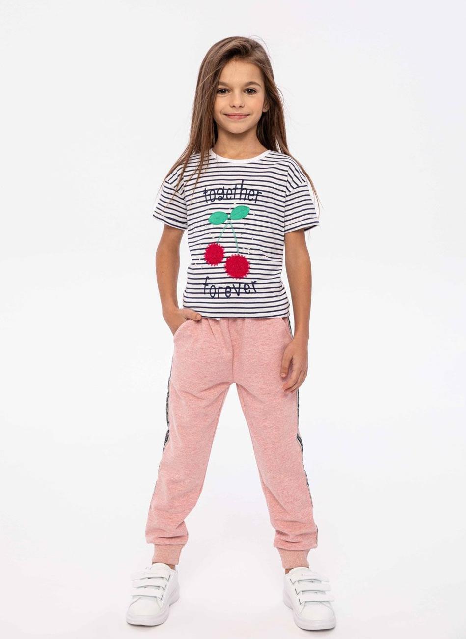 Girls Cream Stripe Mesh Applique T-Shirt - Image 1