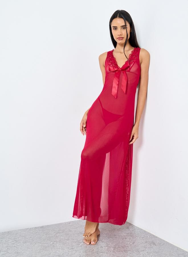 Maxi Length Burgundy Slip with Bow & Lace Detail - Image 1