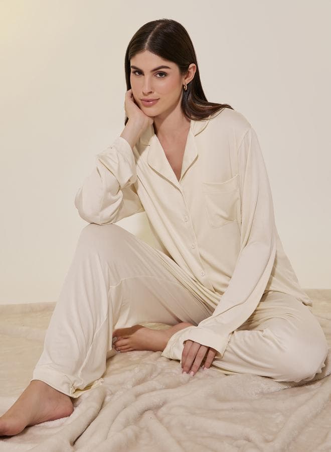 Solid Pocket Detail Shirt & Straight Pants Pyjama Set - Image 1