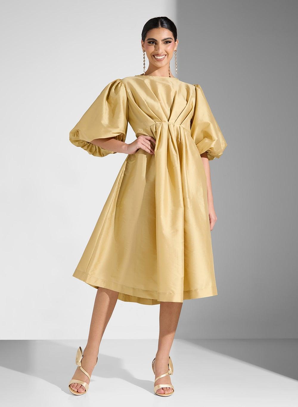 Gold Balloon Sleeve A-Line Dress - Image 1
