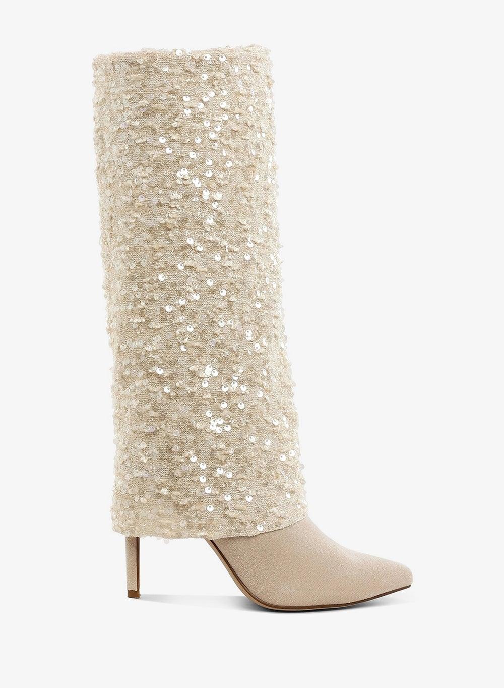 Beige Sequined Fold-Over Calf Boots with Pointed Toe - Image 1
