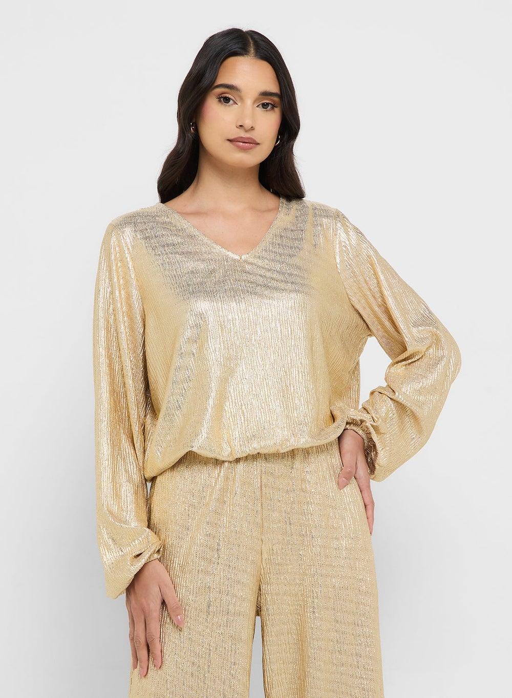 Crinkle Detail V-Neck Gold Blouse - Image 1