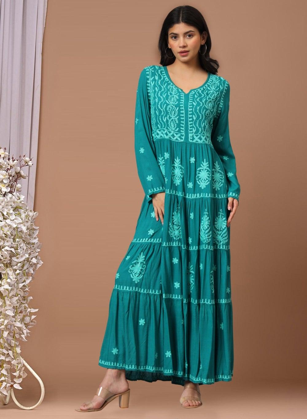 Lucknowi Chikankari Rayon Jalabiya AL3935 A-Line Elegance - Image 1