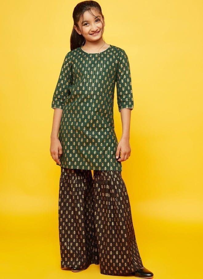 Ethnic Motifs Green Kurta Sharara Set for Girls - Image 1