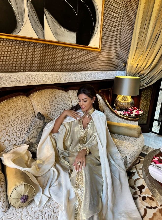 Malaki Gold Embroidered Kaftan with Shimmer Detail - Image 1