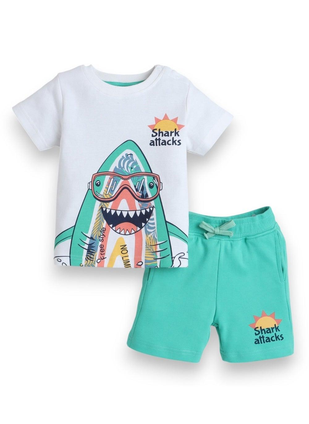 BOYS INFANT 2PC Set Shark Tee Green Shorts - Image 1