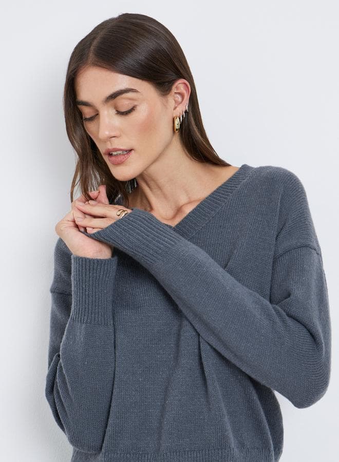 Styli Charcoal V-Neck Relaxed Fit Sweater - Image 1