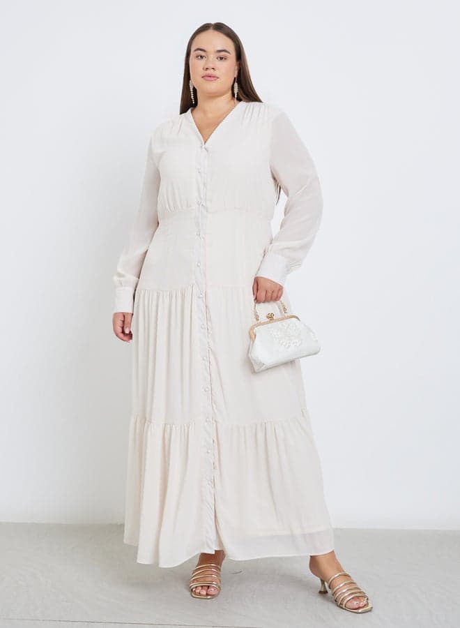 Styli Plus Tiered Button Detail Maxi Dress - Image 1