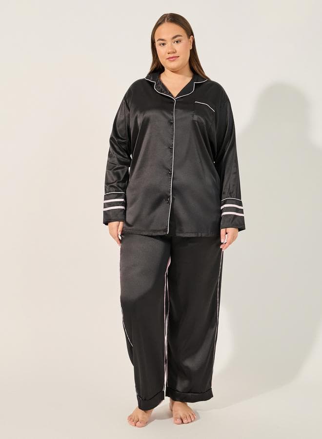 Luxury Satin Pajama Set with Elegant Piping - Image 1