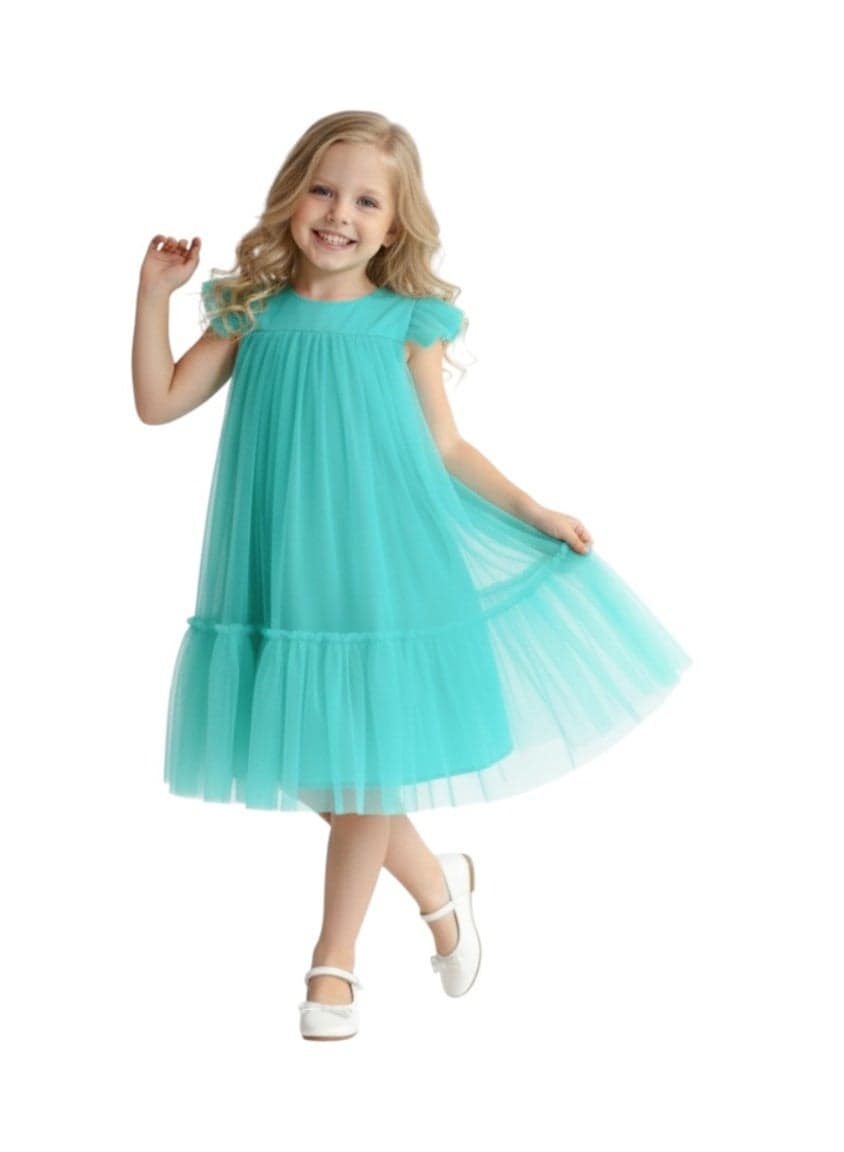 Girls Turquoise Tiered Tulle Occasion Dress - Image 1