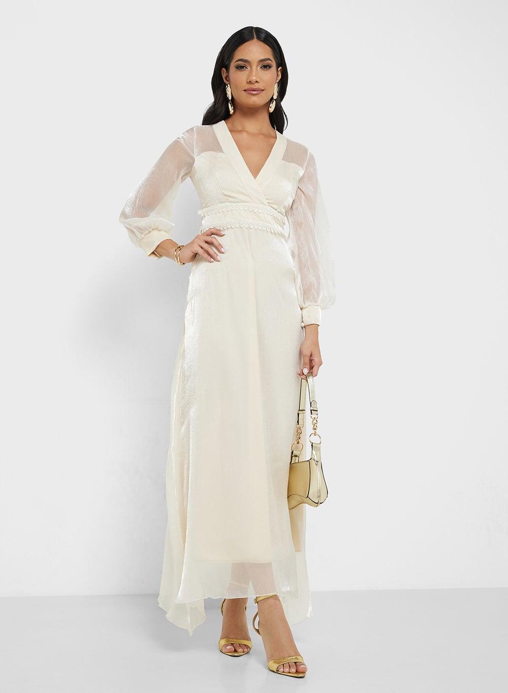 Cream Sheer Sleeve Maxi Dress with V-Neck Elegance - Image 1