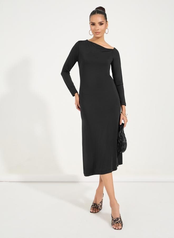 Asymmetric Neckline Black Midi Dress - Image 1