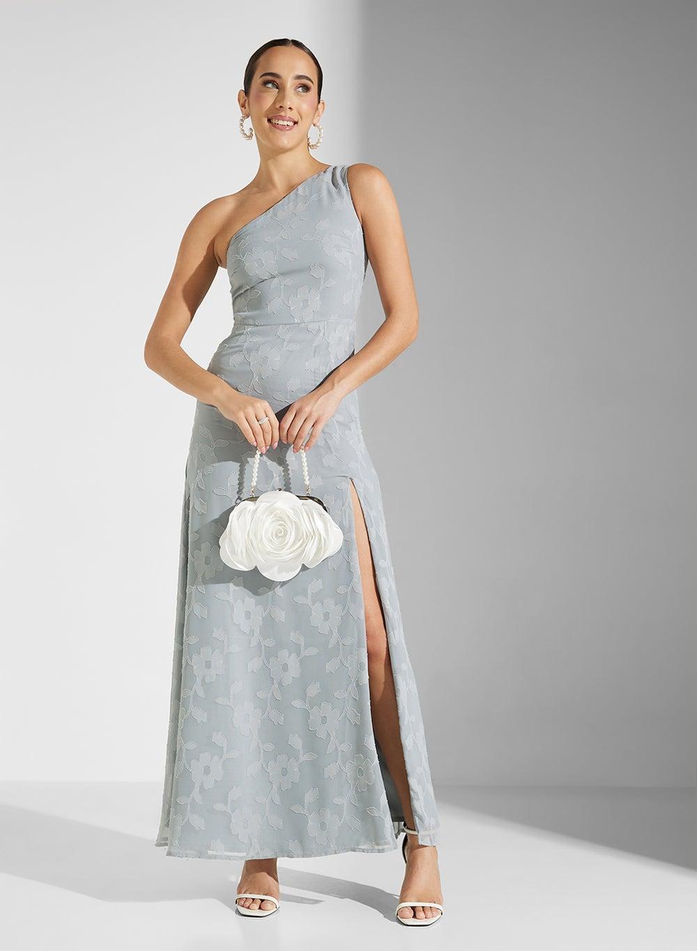 Dusty Blue Floral One-Shoulder Maxi Dress - Image 1